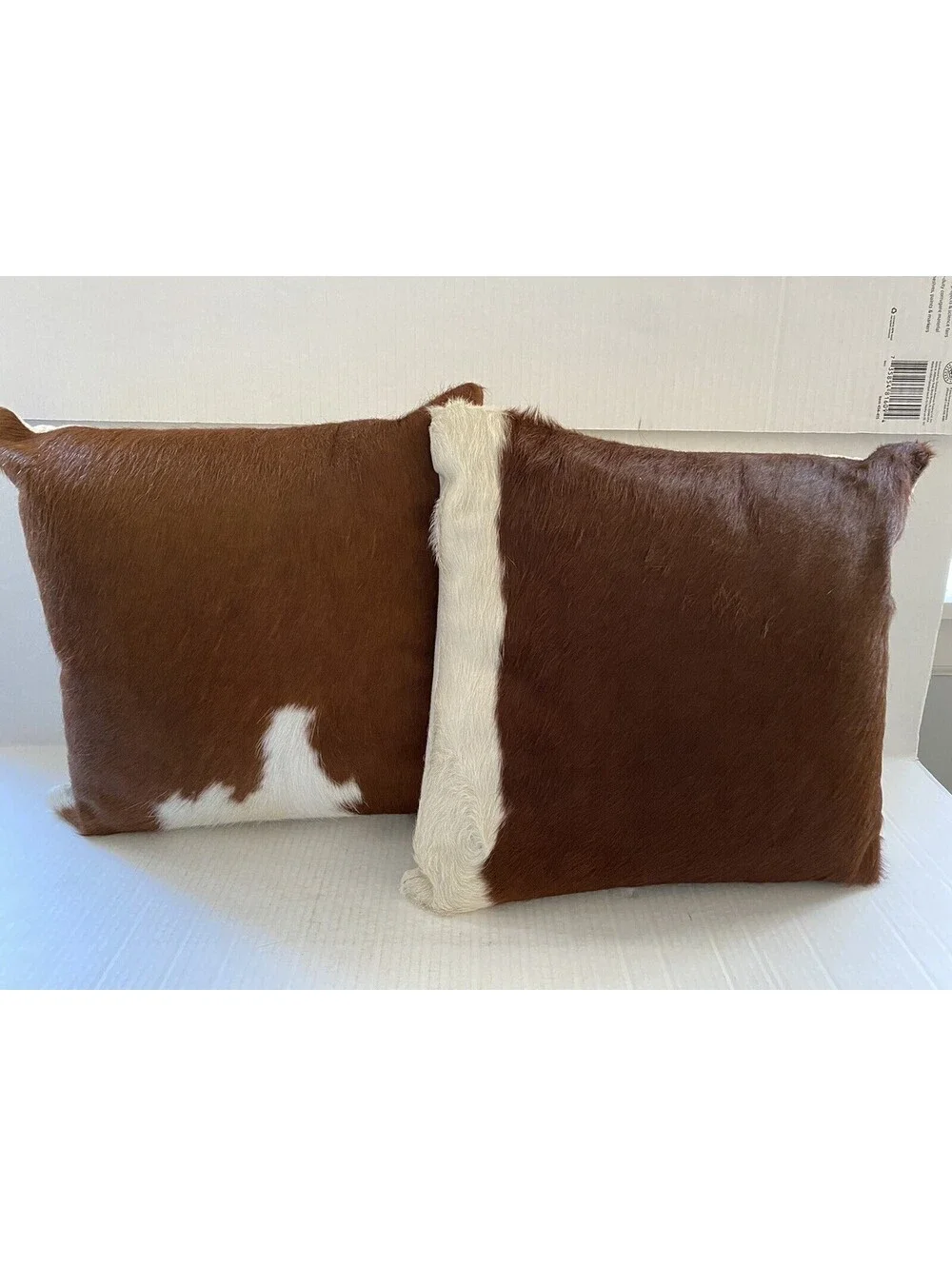 Pair of Natural Cowhide Throw Pillows Genuine Hair on Hide Brown White 16”